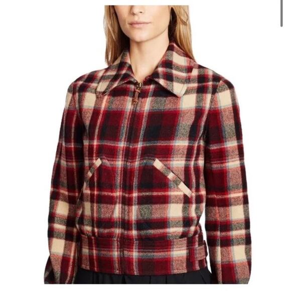 Polo Ralph Lauren Women’s Wool Jacket Bomber Plaid Coat 10 $498 Red Black Zip Up - Picture 1 of 9
